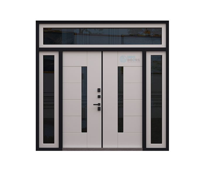 Двустворчатая входная дверь «Fusion Hi-tech» с боковыми и верхней фрамугами, утеплением и терморазрывом