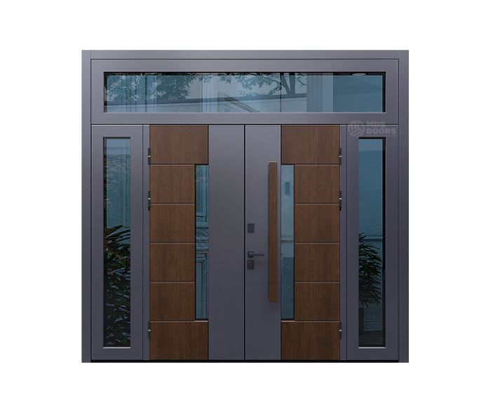 Двустворчатая входная дверь «Fusion Hi-tech» с боковыми и верхней фрамугами, утеплением и терморазрывом